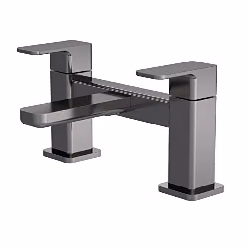 nuie WIN703 Windon Modern Bathroom Square Deck Mounted Bath Filler Tap with Lever Handles, Brushed Pewter, 230 mm