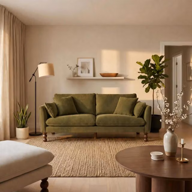 Furniturebox UK Monroe 3 Seater Chenille Fabric Sofa in Green and Beige with Solid Wood Frame and Scatter Cushions