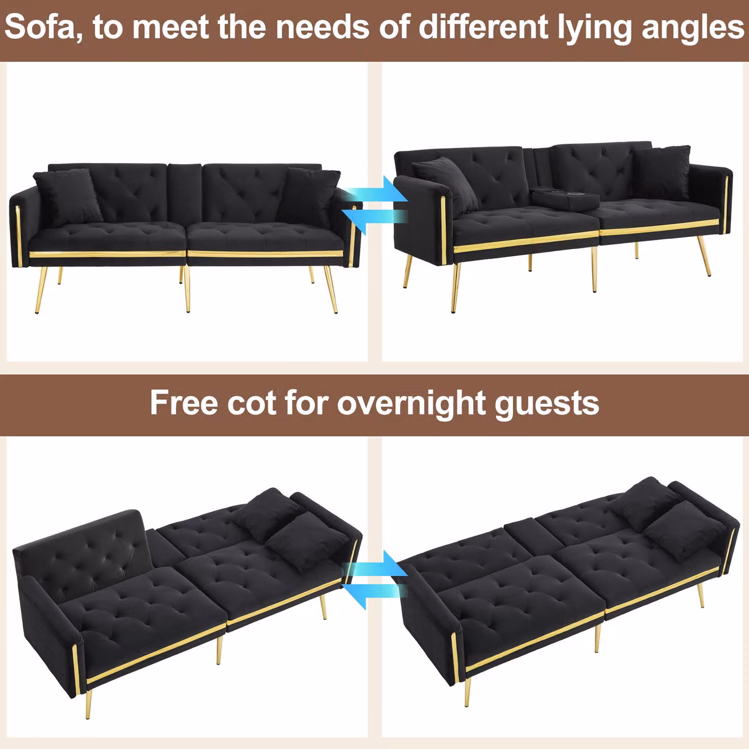Aosom UK Black Velvet Two-Seater Convertible Sofa Bed with Adjustable Backrest and Cup Holders, W/D/H: 174 x 76 x 71.5 cm – 4