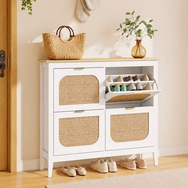 STILVORA White Rattan Shoe Cabinet with 4 Tilting Compartments and Internal Shelves – 1