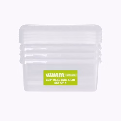 Wham 4 Pack Stackable Plastic Storage Boxes with Lids, 10.5L, Transparent