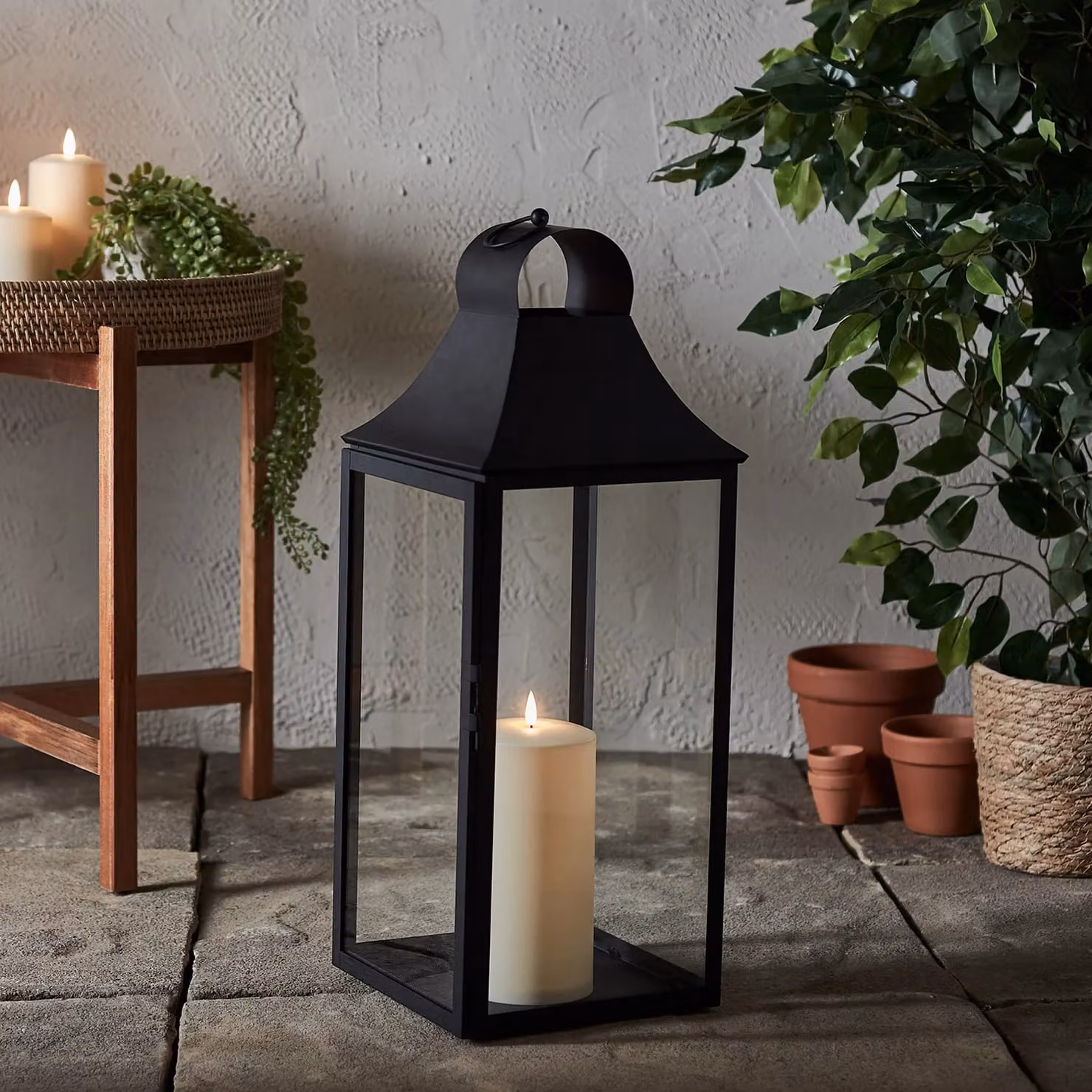 Albury Black Metal Garden Lantern with TruGlow Pillar Candle, Height: 59 cm