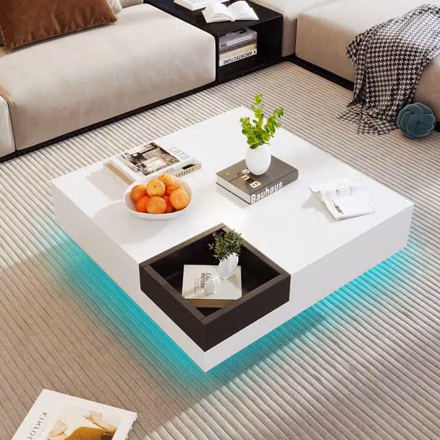 Home Touch Interior Modern Square Glossy Coffee Table with Removable Storage Box and LED Light in White or Black