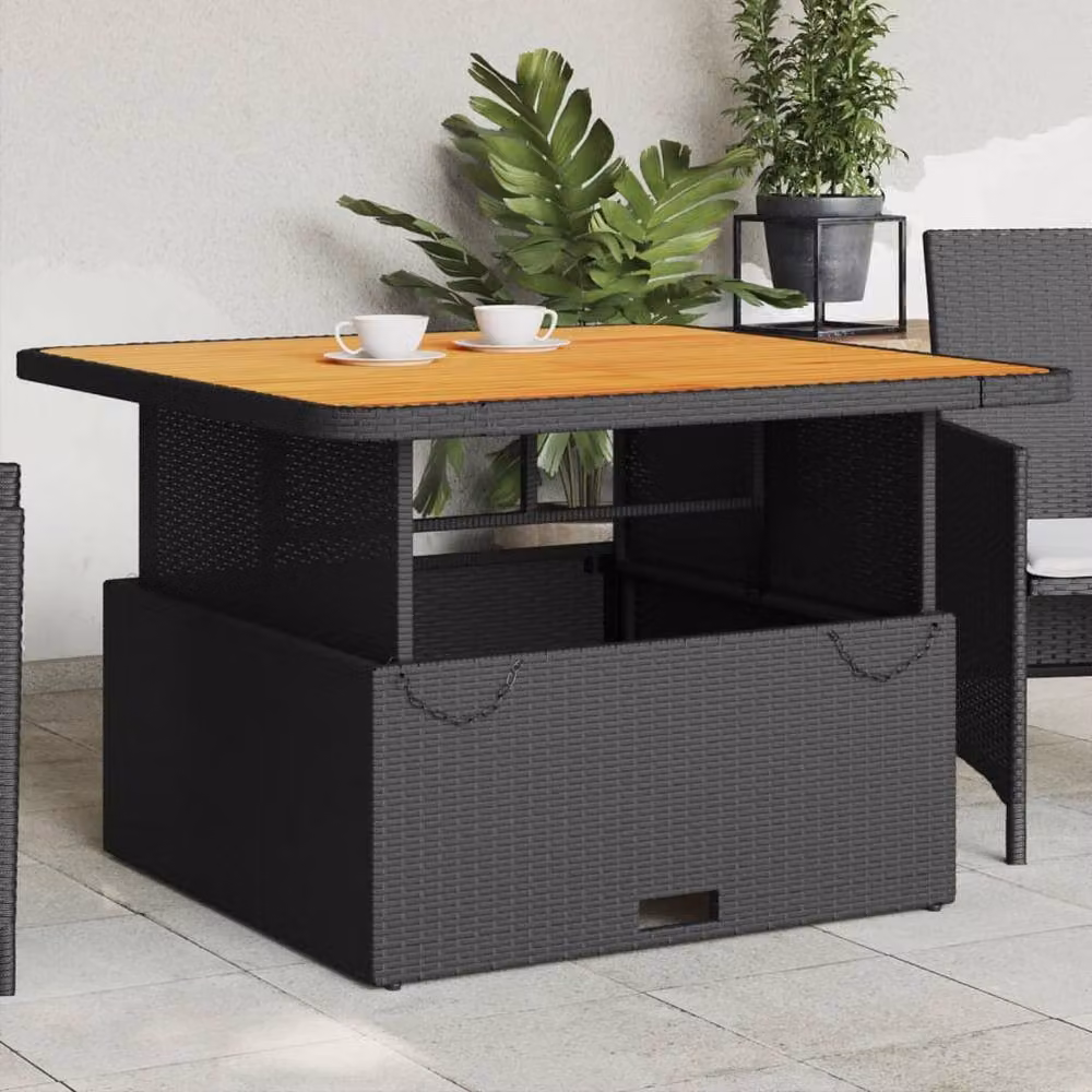 Berkfield Home Black Poly Rattan and Oiled Acacia Wood Garden Table W/D/H: 110 x 110 x 71 cm – 2