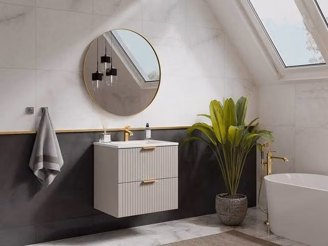 Vente-unique Ribbed Suspended Bathroom Unit with Inset Basin, Beige and White, W: 60 cm, D: 46 cm, H: 57 cm – 1