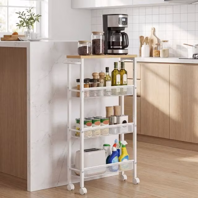 VASAGLE Rustic 4-Shelf Kitchen Trolley with Wheels in Yellow and White