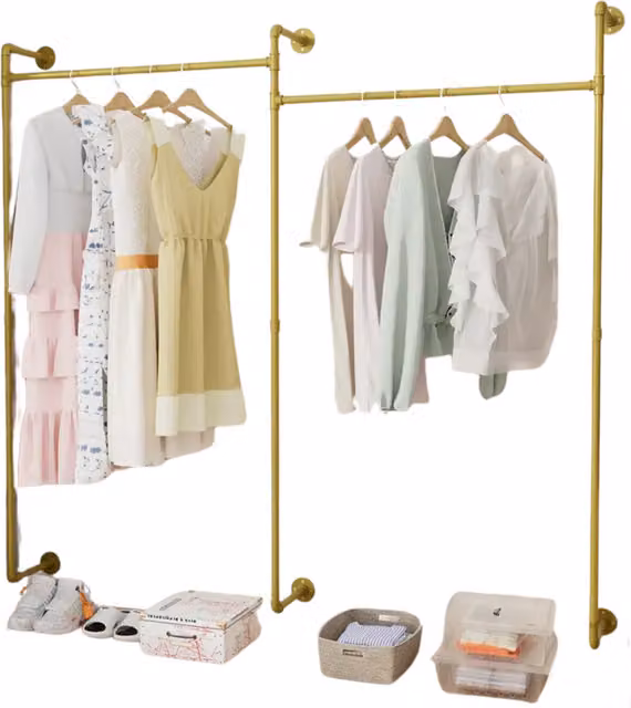 Pirlo Plush Industrial Heavy Duty Metal Wall-Mounted Floating Shelf with Hanging Rails in Gold