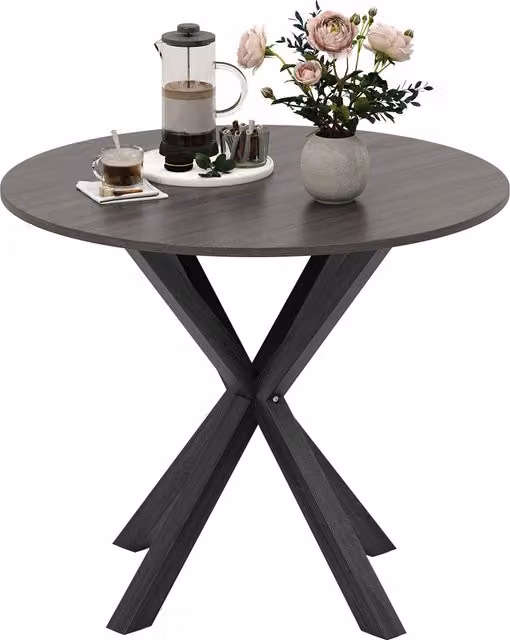 COSTWAY Modern Round Kitchen and Dining Room Table in Black and Grey Rubberwood