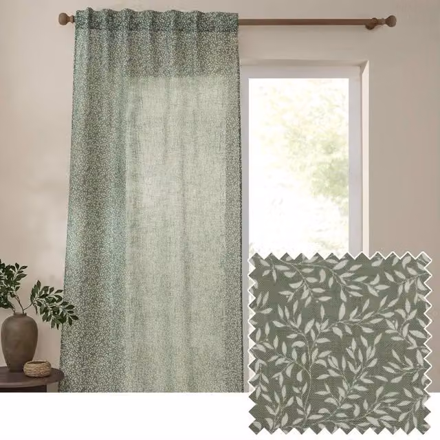 Yard Perrie Leaf Sheer Woven Tab Top Curtain Panel in Green, Width: 140 cm – 1