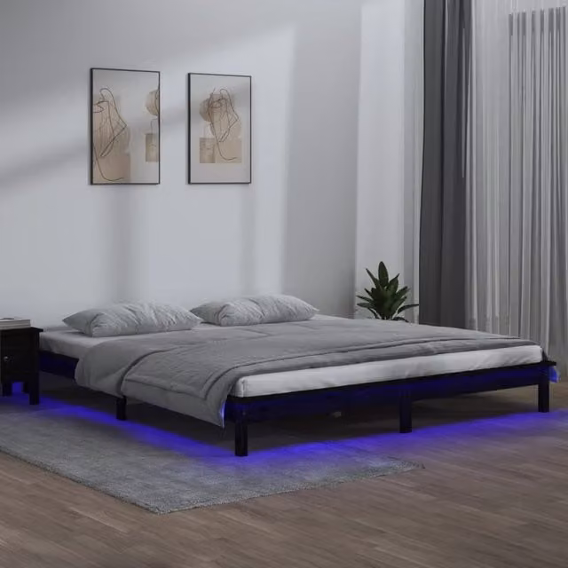 Berkfield Home Black Solid Wood LED Bed Frame with Under-Bed Lighting and USB Charging Port, W/D/H: 200 x 200 cm – 1