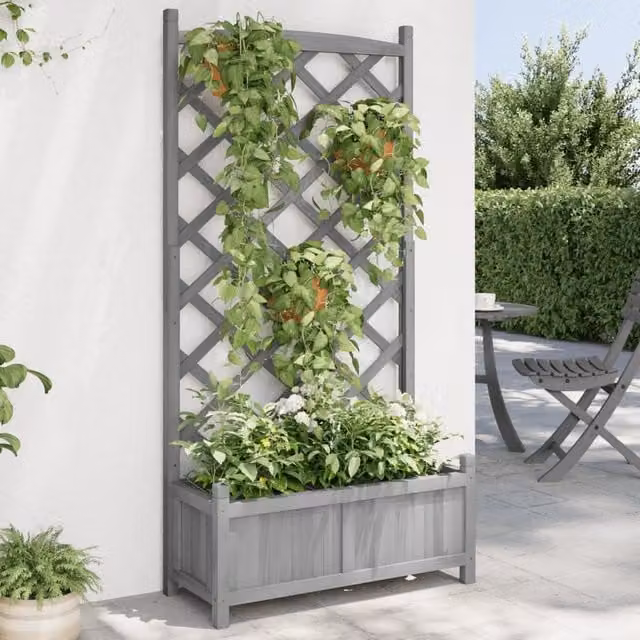 Berkfield Home Grey Solid Wood Fir Planter with Trellis – 1