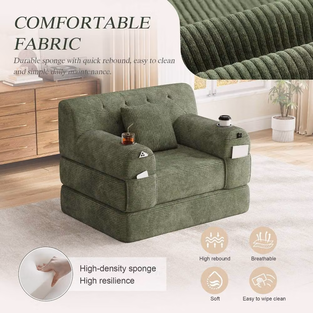 Rolipo Green Corduroy 1-Seater Sleeper Sofa with Cup Holders and Pockets – 5