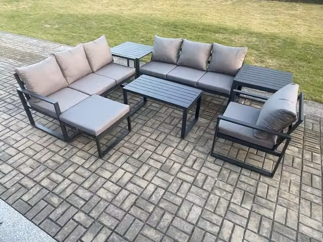 Fimous 8 Seater L-Shape Garden Furniture Set in Anthracite Grey with Powder Coated Aluminium Frame, 3 Seater Sofa, Armchair, Ottoman and Coffee Table