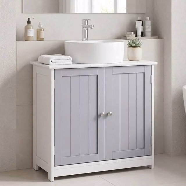 STILVORA Grey Lacquered Freestanding Under Sink Bathroom Cabinet with Internal Shelves and Hinged Doors