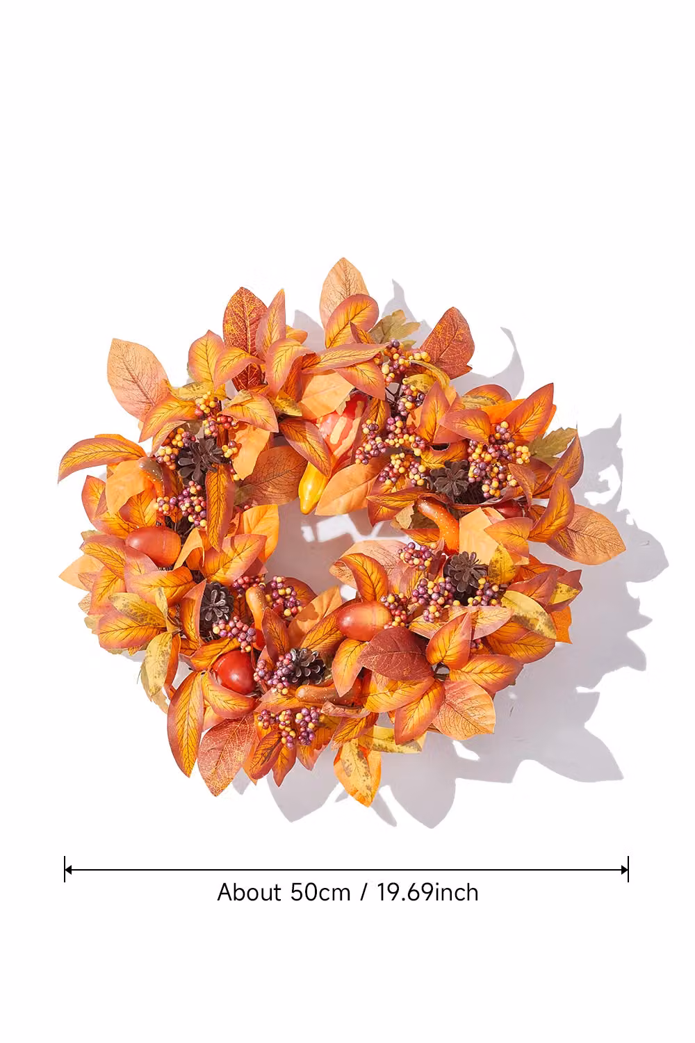 H&O Direct Orange Fall Harvest Artificial Pumpkin and Magnolia Leaves Wreath, Diameter: 50 cm – 3
