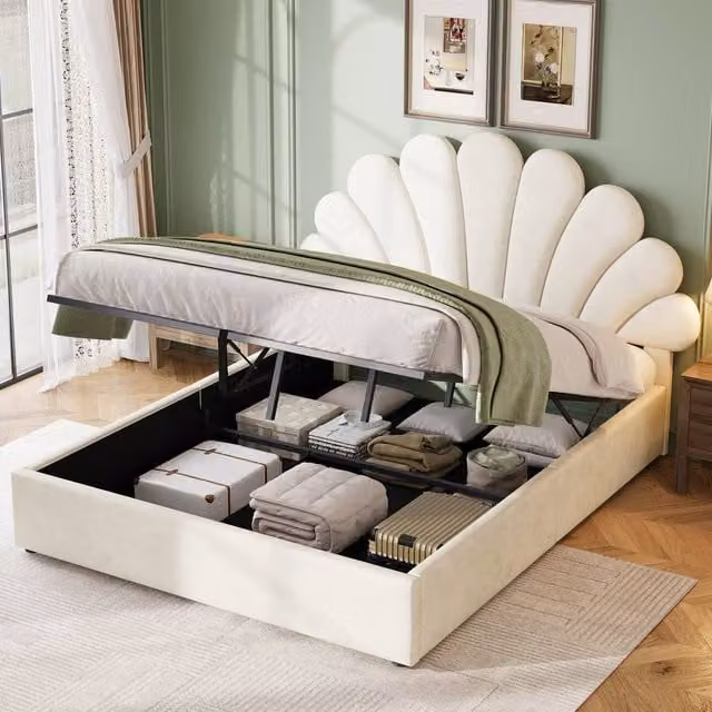 BTM Single Upholstered Hydraulic Storage Bed Frame with Velvet Headboard in Beige – 1