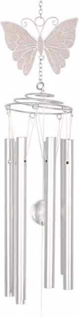 KDMK White and Silver Butterfly Windchime with Crystal Spiral Decor
