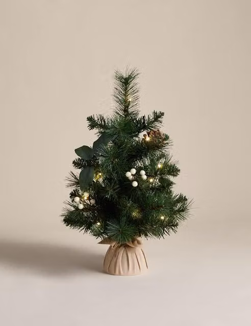 M&S Pre-Lit Tabletop Christmas Tree with White Berries, Green, Height: 45.72 cm