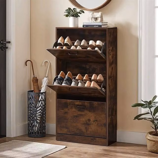KORVIXA 3 Tier Modern Wooden Shoe Cabinet in Brown, Width: 100 cm