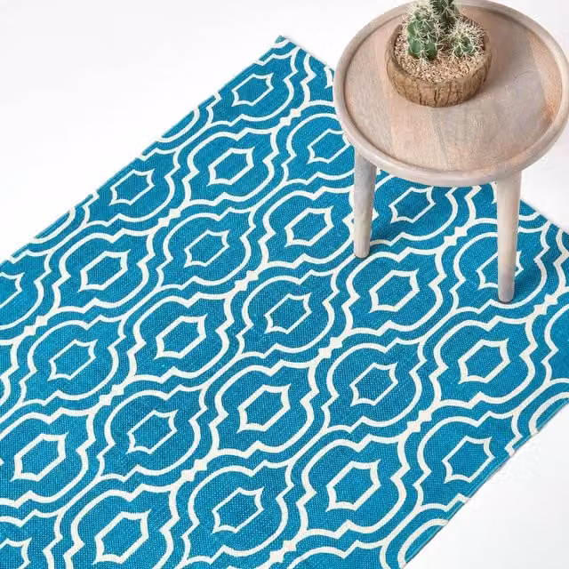 Homescapes Riga Geometric Patterned Cotton Woven Rug in Petrol, Grey and White, Width: 150 cm