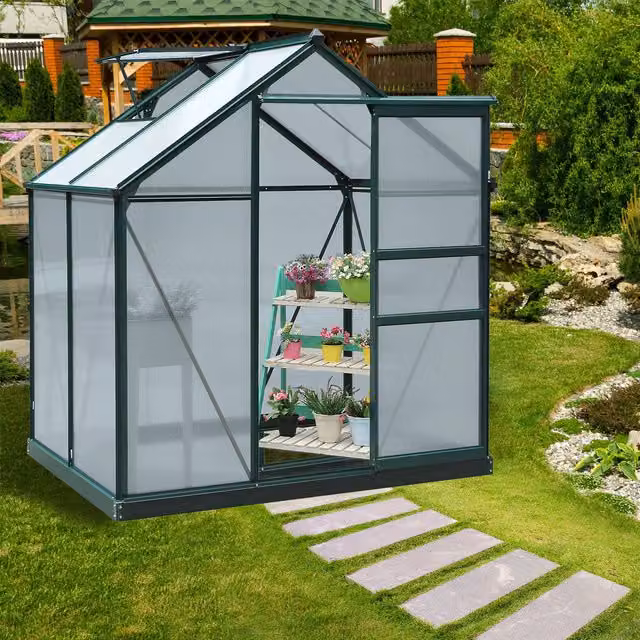 Outsunny Walk-In Polycarbonate Greenhouse with Green Aluminium Frame and Sliding Doors, H 190 x W 132 x D 132 cm – 1