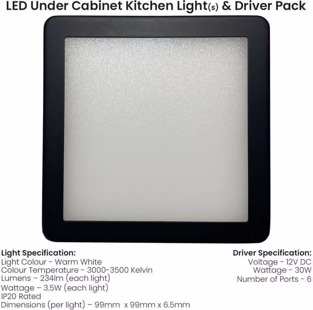 Loops 6x Matt Black Ultra-Slim Square Under Cabinet Kitchen LED Light and Driver Kit with Warm White Diffused Light