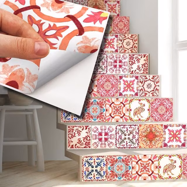 Walplus Adhesive Floral Wall Tile Stickers in Red, White and Blue, 24 Pack, W: 15 cm, H: 15 cm