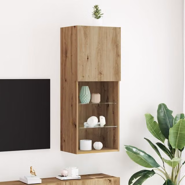 Berkfield Home Modern Artisan Oak TV Cabinet with LED Lights in Brown, W/D/H: 40.5 x 30 x 102 cm