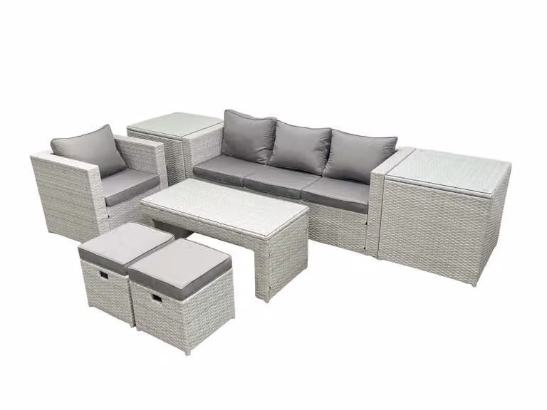 Fimous Rattan Garden Furniture Set in Light Grey with 3-Seater Sofa, Coffee Table and Ottoman
