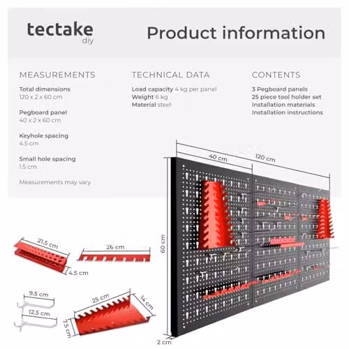 tectake 3-Panel Metal Pegboard Wall-Mounted Tool Organiser with Hooks and Holders, Black, W: 120 cm, H: 60 cm, D: 3 cm – 6