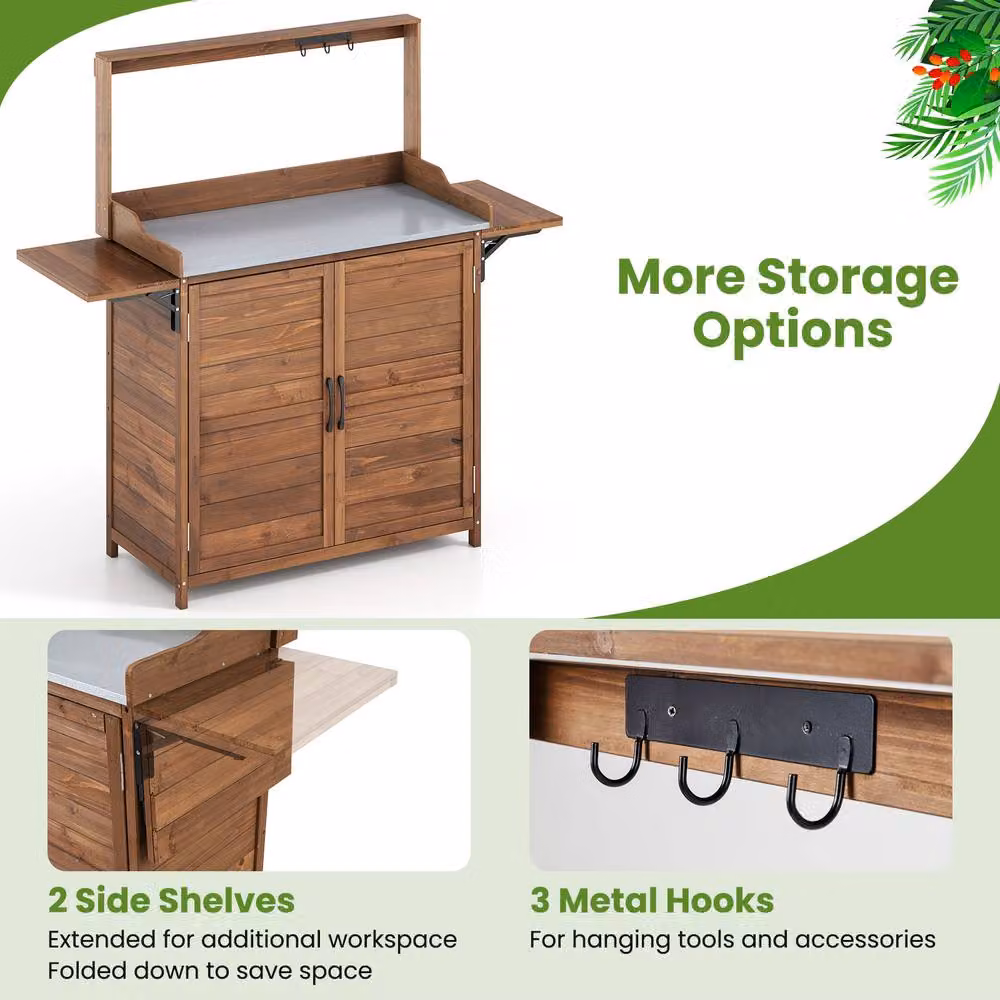 Gymax Outdoor Potting Bench Planting Workbench with Storage Cabinet in Brown – 5