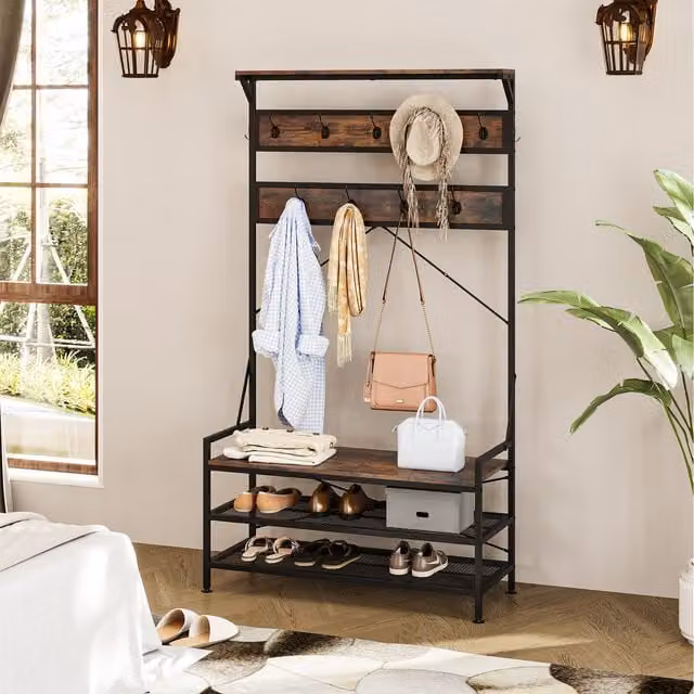 COSTWAY Industrial 4-in-1 Hall Tree with Bench and Coat Rack in Brown