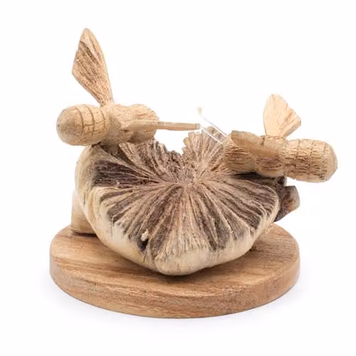 Serenityy Hand-Carved Parasite Wood Bee Sculpture, Brown and White Rustic Tabletop Ornament, H x W x D: 18 x 8 x 1 cm – 1