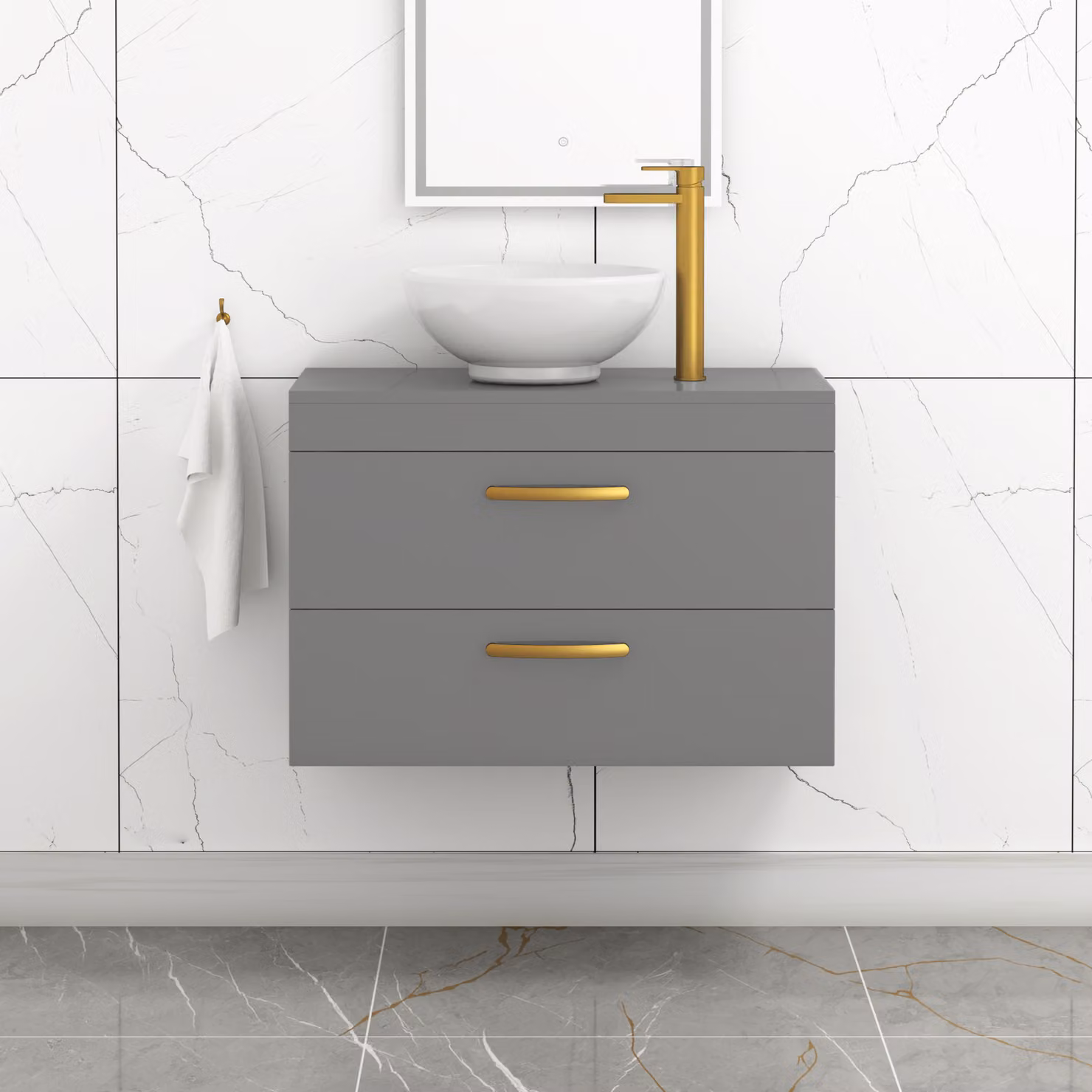 Royal Bathrooms 800mm Wall Hung Vanity Unit with 2 Drawers in Indigo Grey Gloss and Breeze Countertop Basin with Brushed Brass Handle