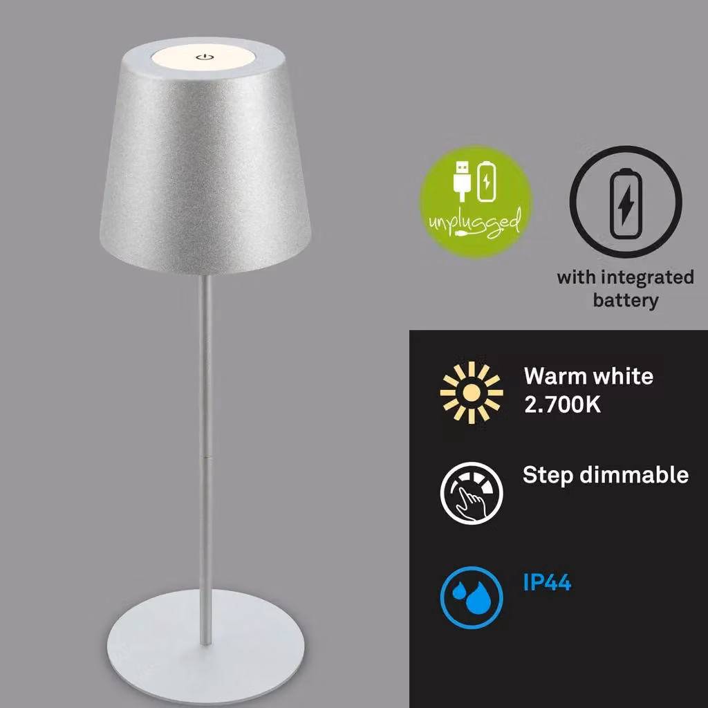Briloner Rechargeable LED Table Lamp, Matt Chrome and Silver, IP44 Dimmable Warm White Light – 3