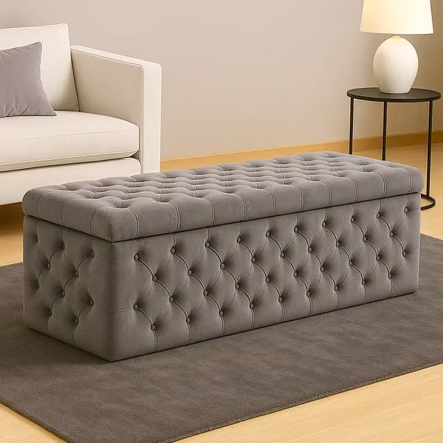 R&M Furnishers Wide Lux Chesterfield Ottoman Storage Box in Grey and Blue Plush Velvet