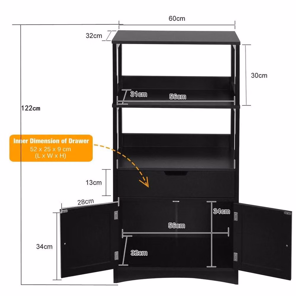 Kelvenix Modern Black Wooden Tall Bathroom Floor Cabinet with Internal Drawers and Shelves – 2