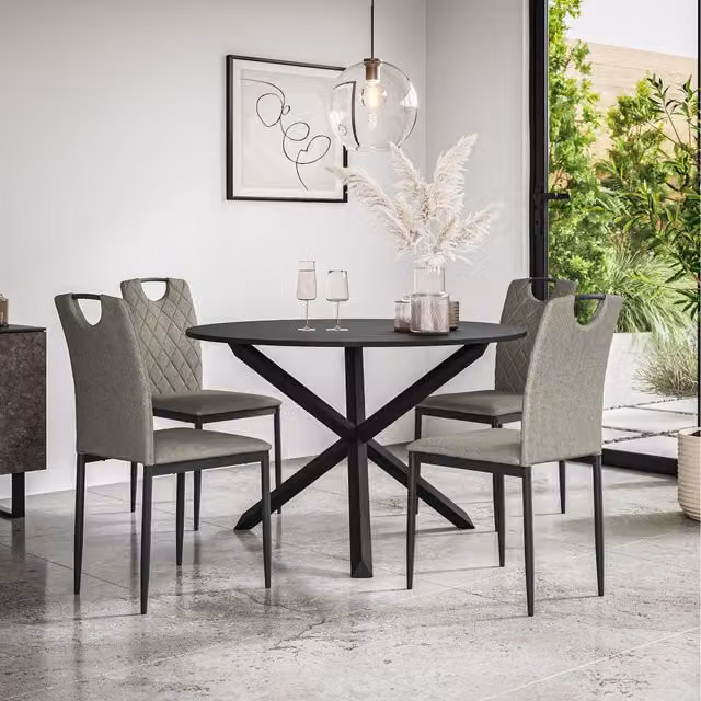 More4Homes Malvern Round Black Dining Table Set with 4 Grey Monza Fabric Chairs and Black Oak Legs, Diameter: 120 cm, Height: 75 cm
