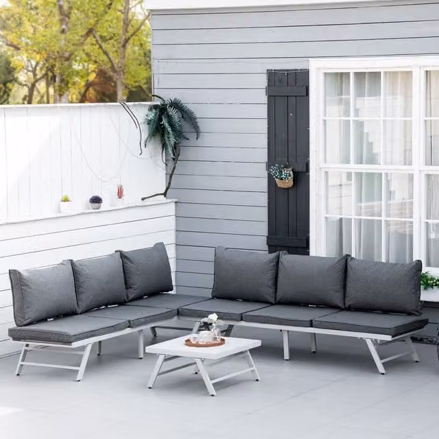 OUTSUNNY 3 Piece Grey Metal Garden Seating Set with Sofa and Lounge Table