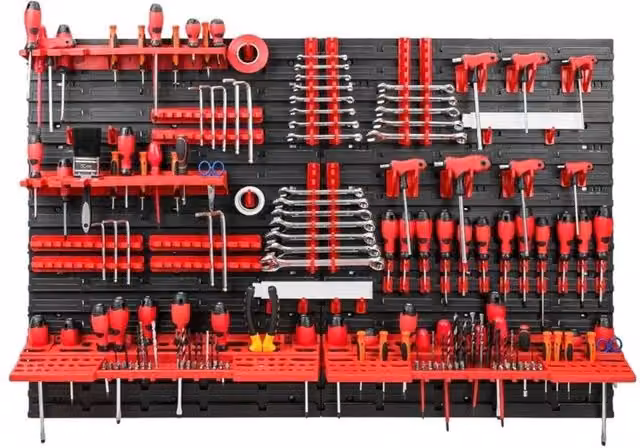 FLAVORA Wall Mounted Peg Board Set for Garage or Workshop in Red