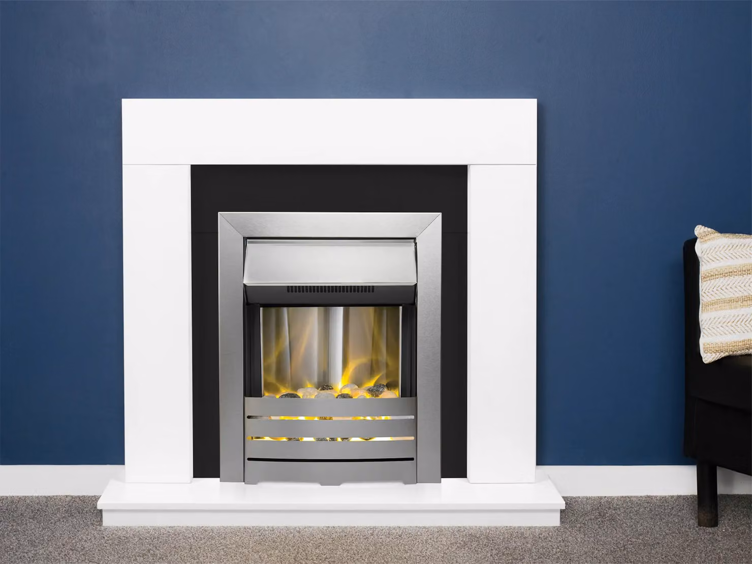 Adam Fires & Fireplaces Malmo Fireplace in White and Black with Helios Electric Fire in Brushed Steel, 39 Inch, Grey – 2