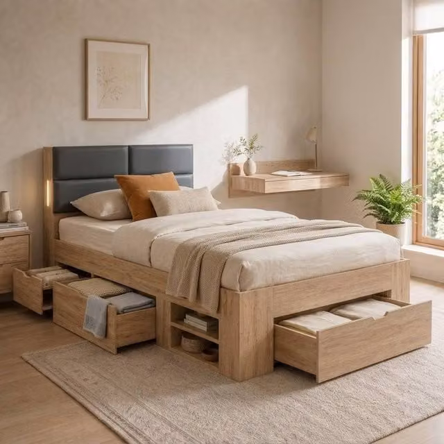 BTM 3FT Single Storage Bed with Three Drawers and Integrated LED Reading Light in Natural Oak – 1