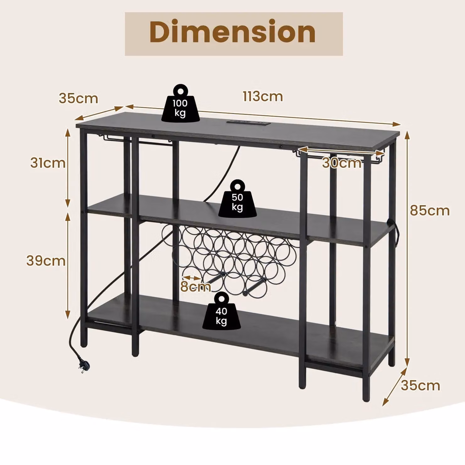 Costway 3-tier Industrial Wine Bar Cabinet with Storage Shelves and Glass Holder in Grey – 2
