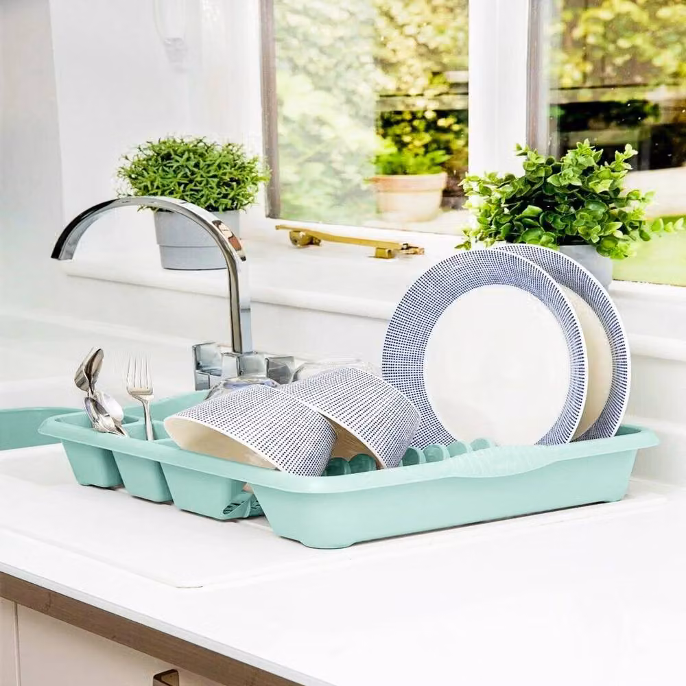 FLAVORA Sage Green Plastic Dish Drainer with Cutlery Holder – 3