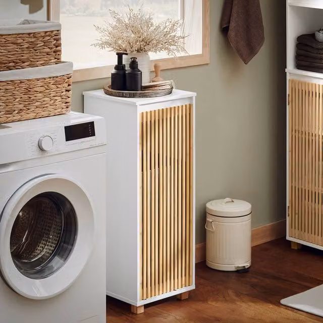 SoBuy Slim White Bathroom Cabinet with Bamboo Slat Front and Laundry Basket – 1