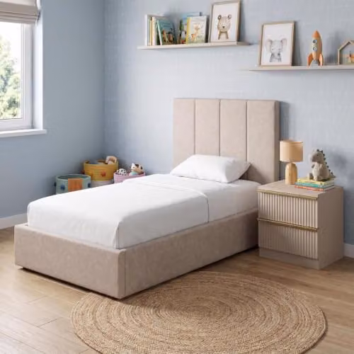 FWStyle Hoscar Single Ottoman Storage Bed in Beige, Upholstered Fabric with Lift-Up Base, W/D/H: 113 x 109 x 209 cm – 2