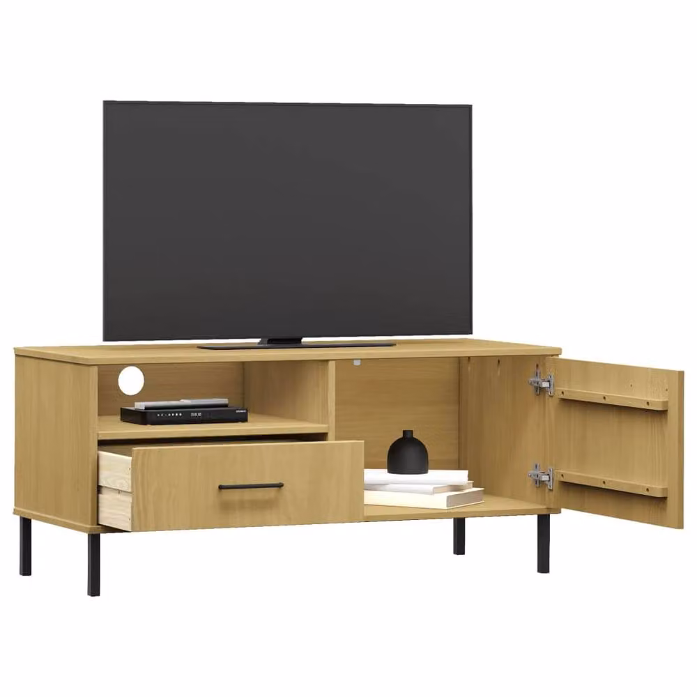 Berkfield Home OSLO TV Cabinet in Light Tan Brown Solid Wood Pine with Metal Legs – 3