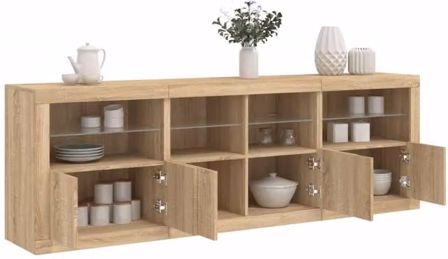 Berkfield Home Modern Sideboard with Integrated LED Lights in Sonoma Oak, Natural, W/D/H: 202 x 37 x 67 cm