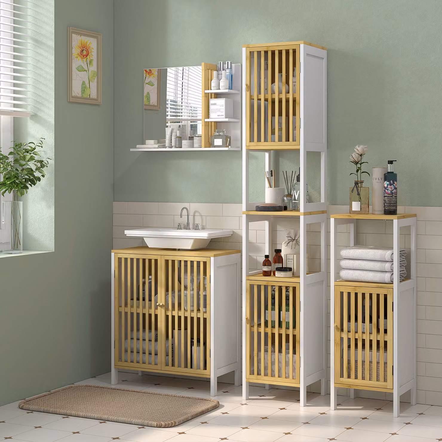 HOMCOM Retro Bamboo-Blend Under Sink Bathroom Cabinet with Internal Shelves and Hinged Doors W/D/H: 60 x 30 x 70 cm – 2