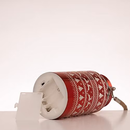 SHATCHI Red Christmas Decorated Jar Table Lamp with Etched Glass and LED Fairy Lights, H 16 cm x W 9 cm x D 9 cm – 3